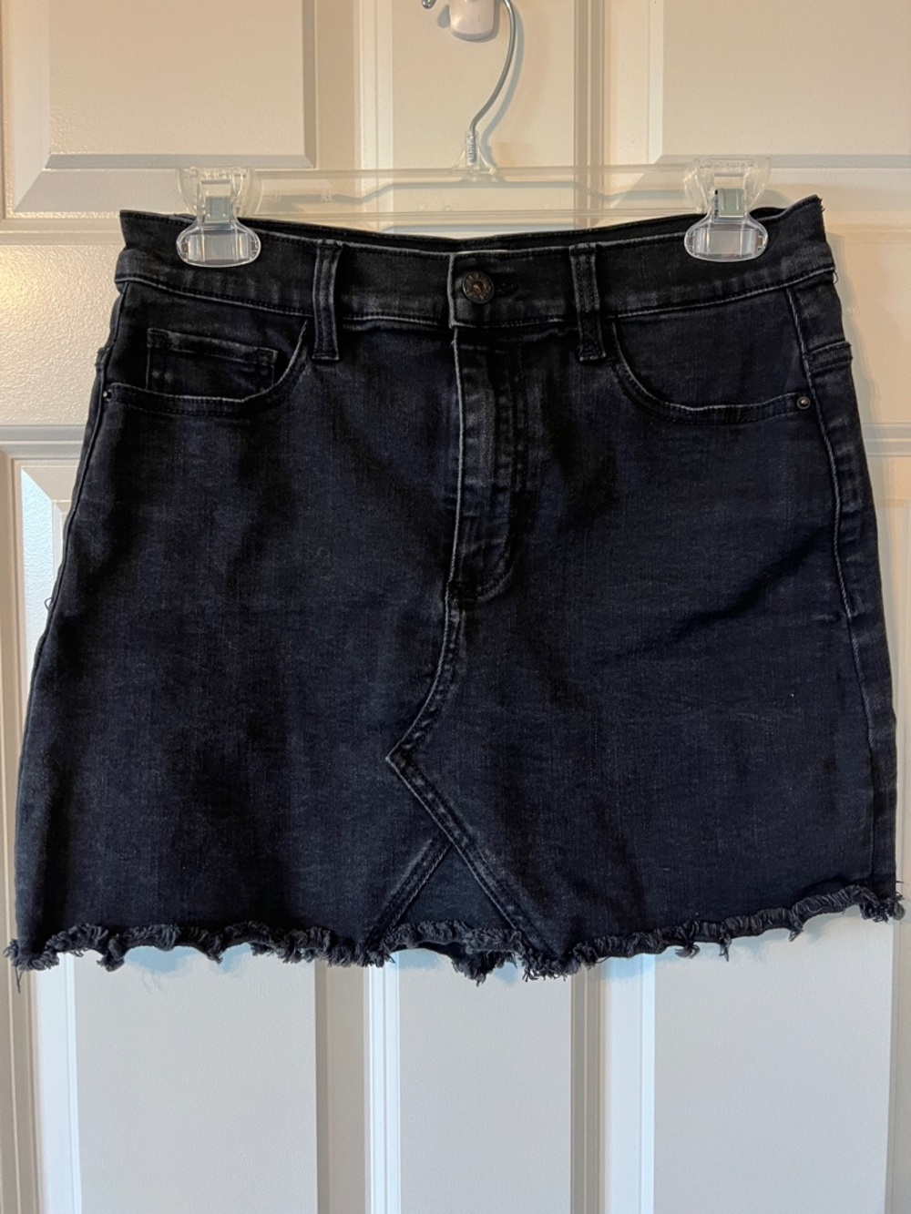 Sneak Peek Black Denim Mini Skirt with Frayed Hem